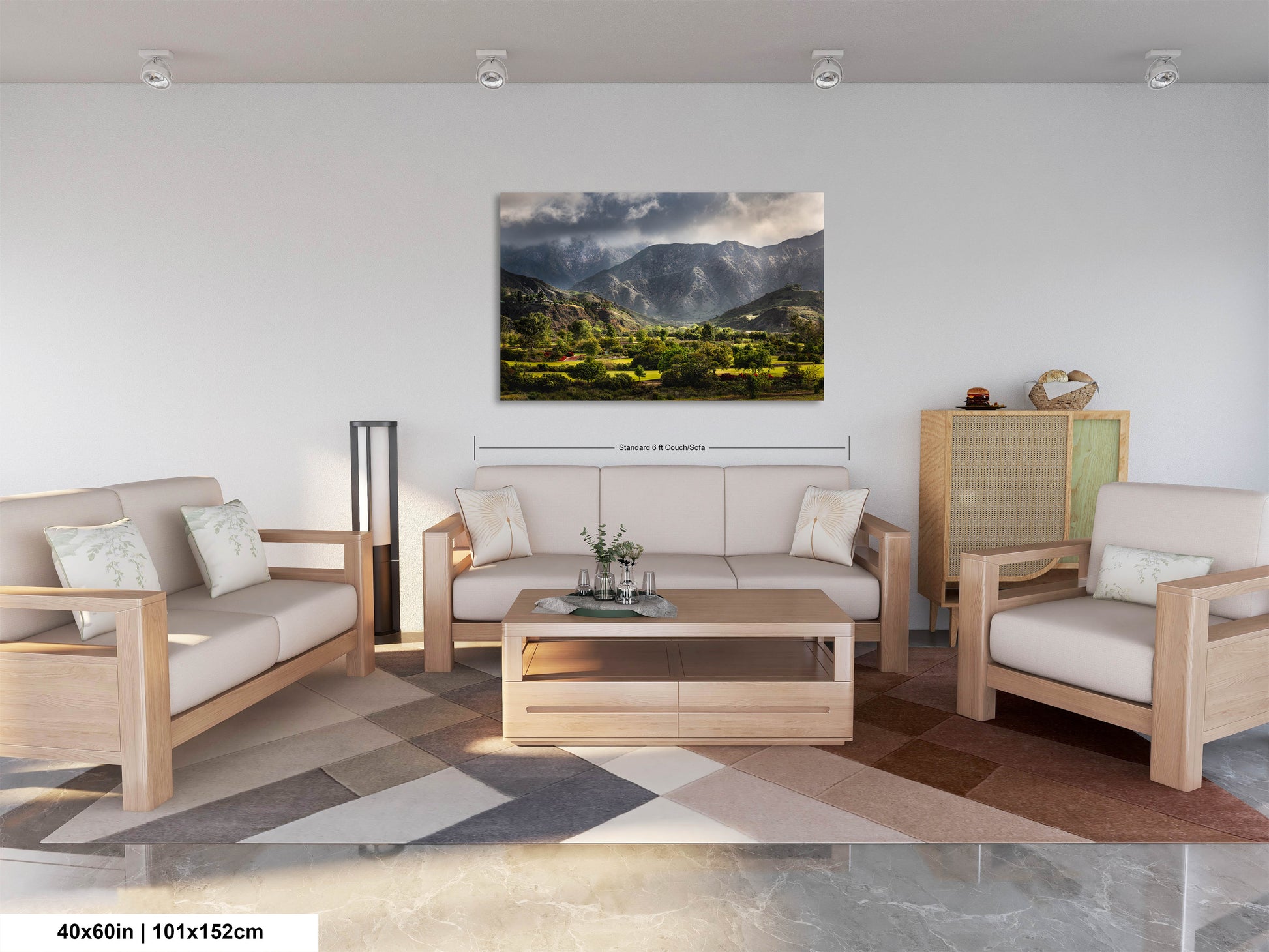 a living room filled with furniture and a painting on the wall