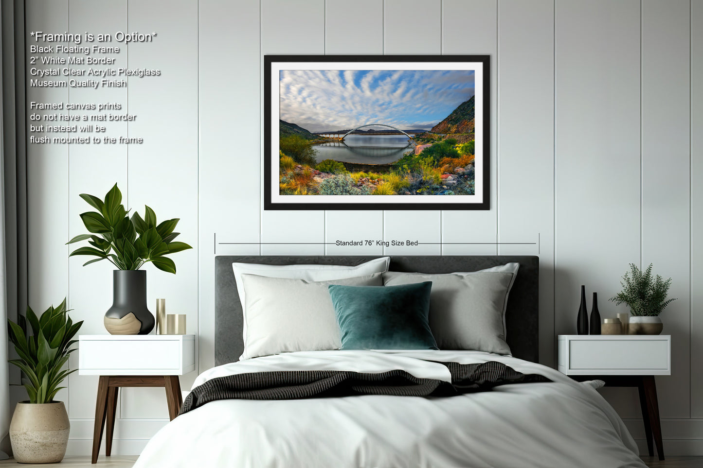 a bedroom with a large bed and a painting on the wall