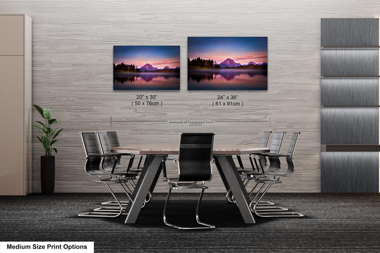 a dining room table with chairs and two pictures on the wall