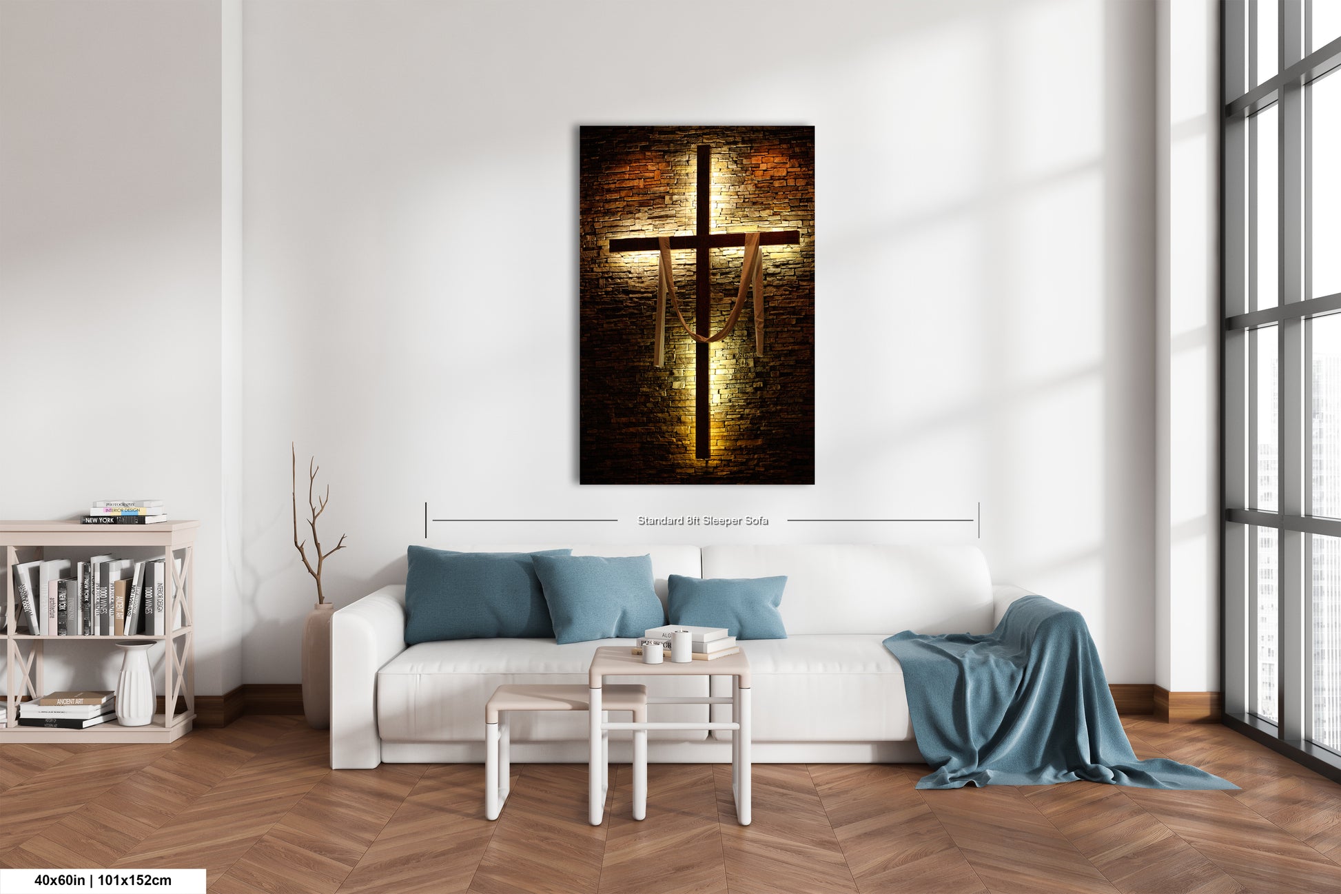 a living room with a couch and a painting on the wall