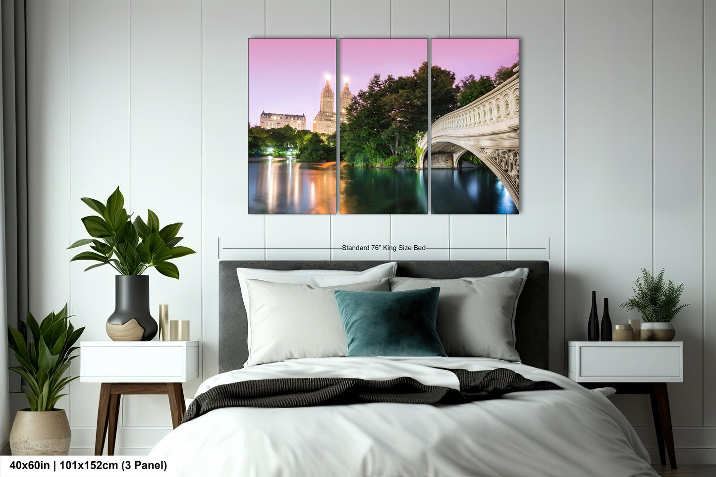 a bedroom with a bed and a painting on the wall