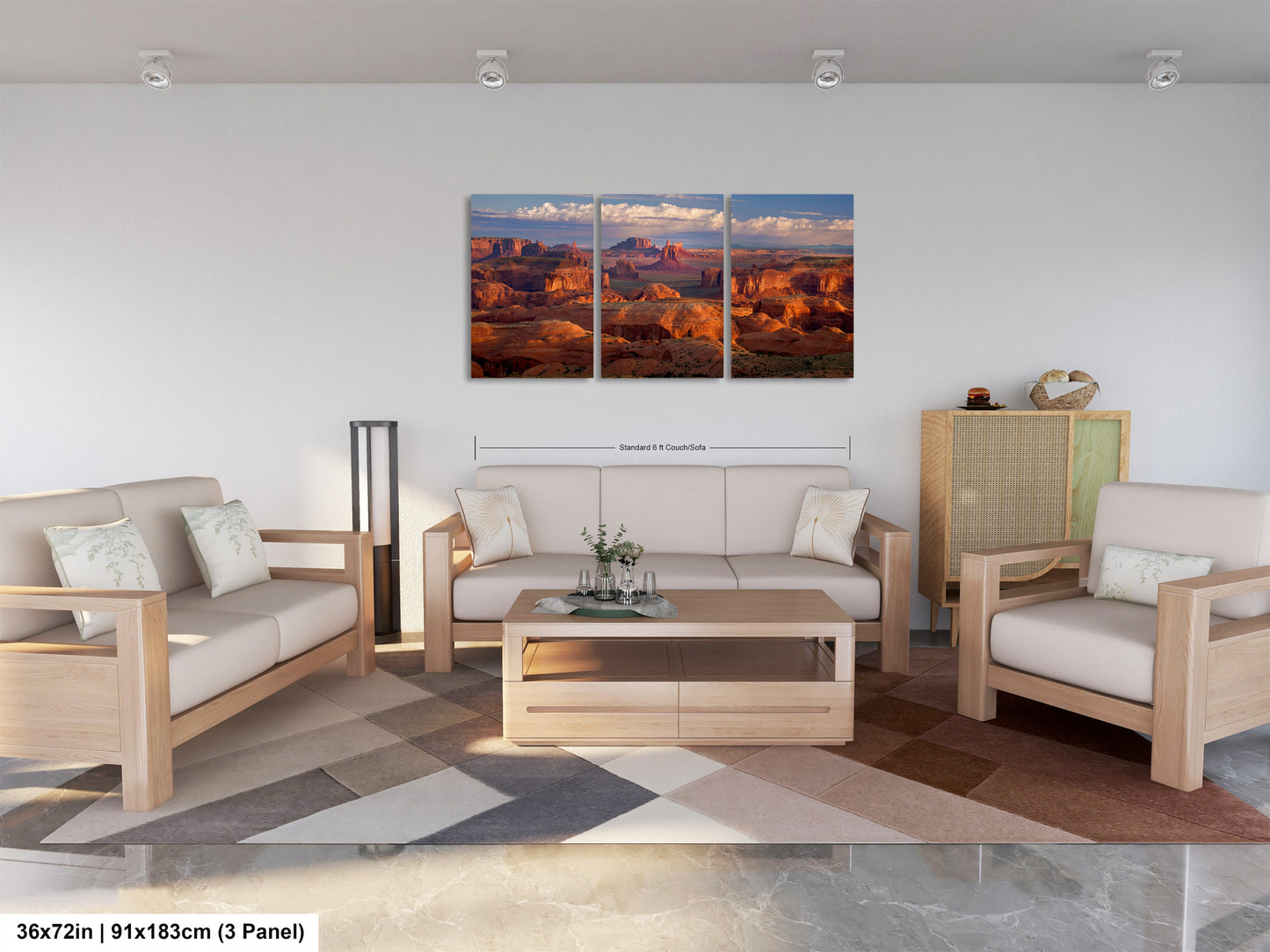 a living room filled with furniture and a painting on the wall