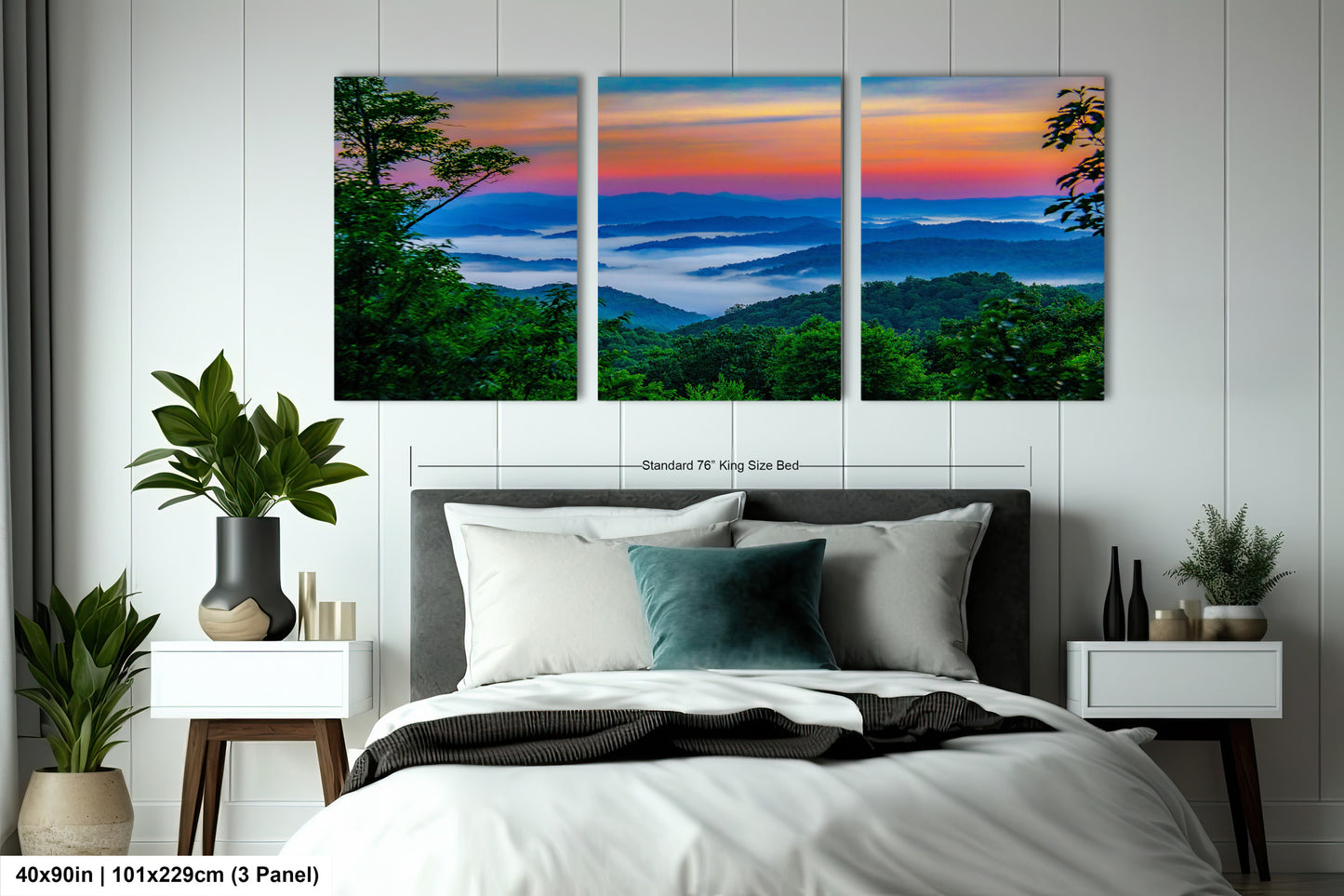 a bedroom scene with a bed and two paintings on the wall