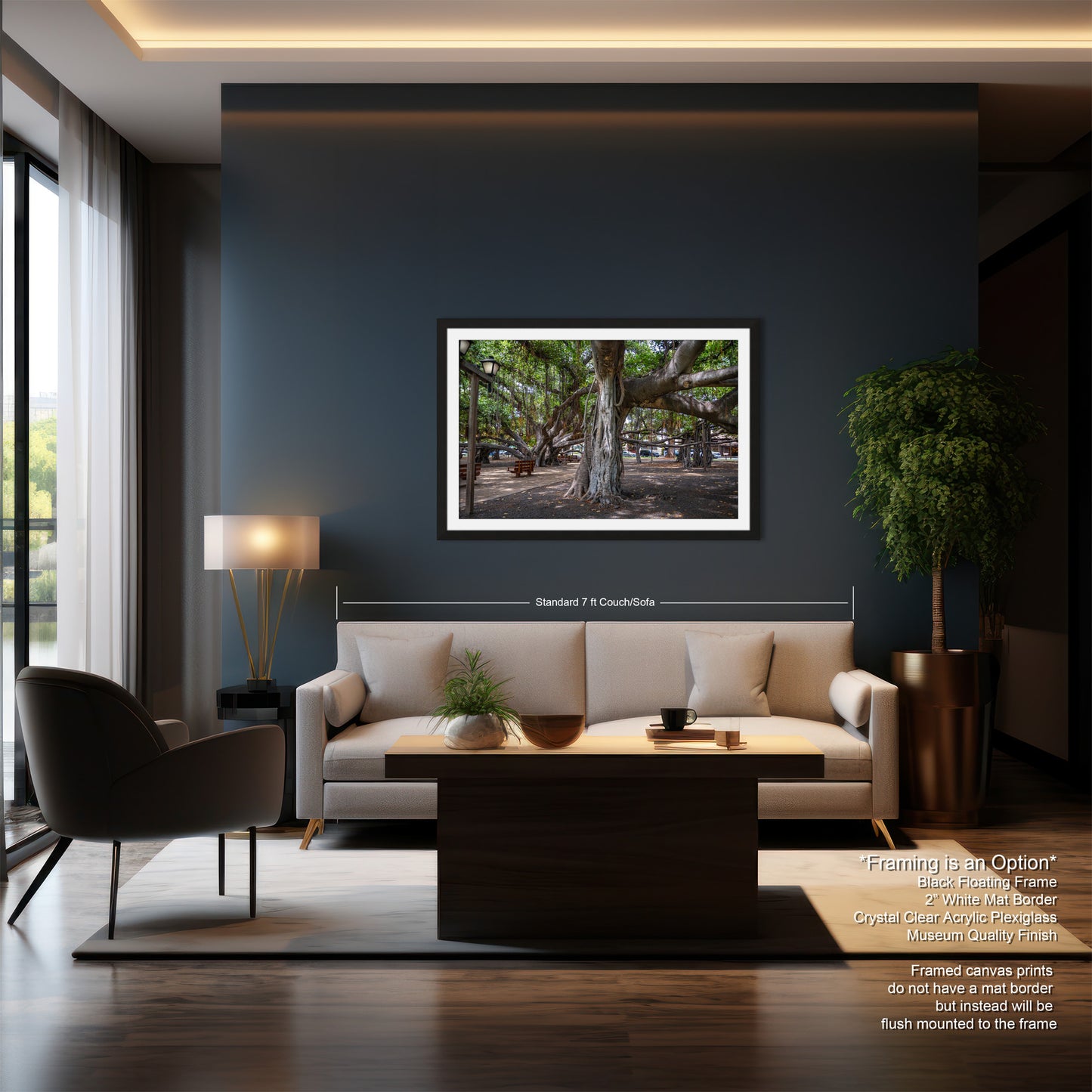 a living room with a couch a table and a picture on the wall