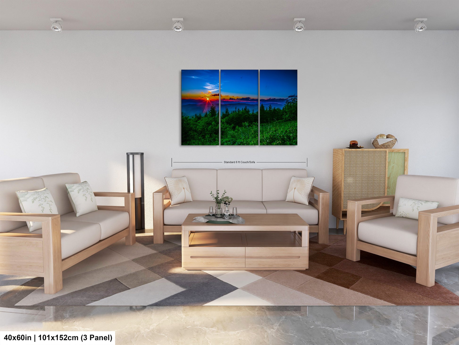 a living room filled with furniture and a painting on the wall