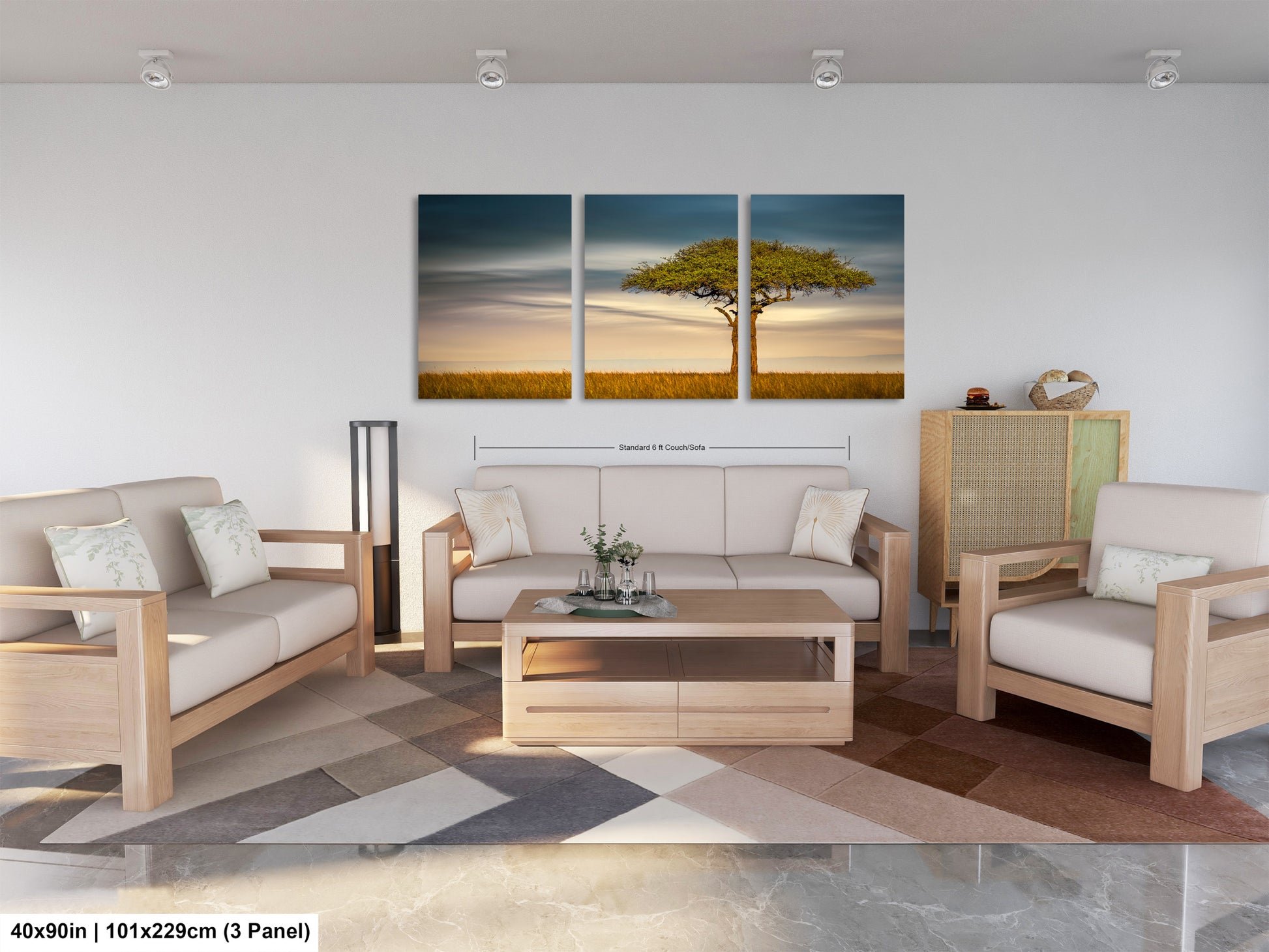 a living room filled with furniture and a painting on the wall