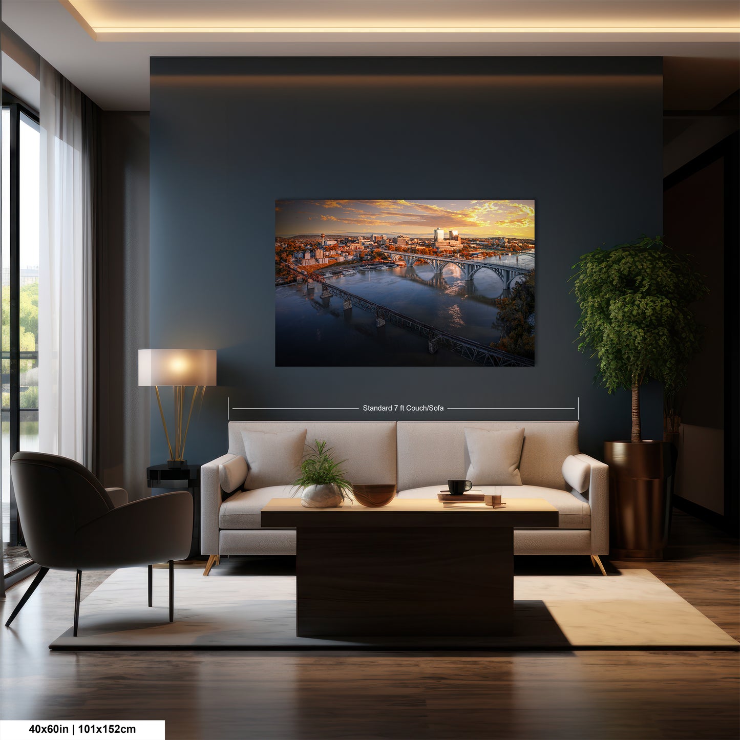 a living room with a large painting on the wall
