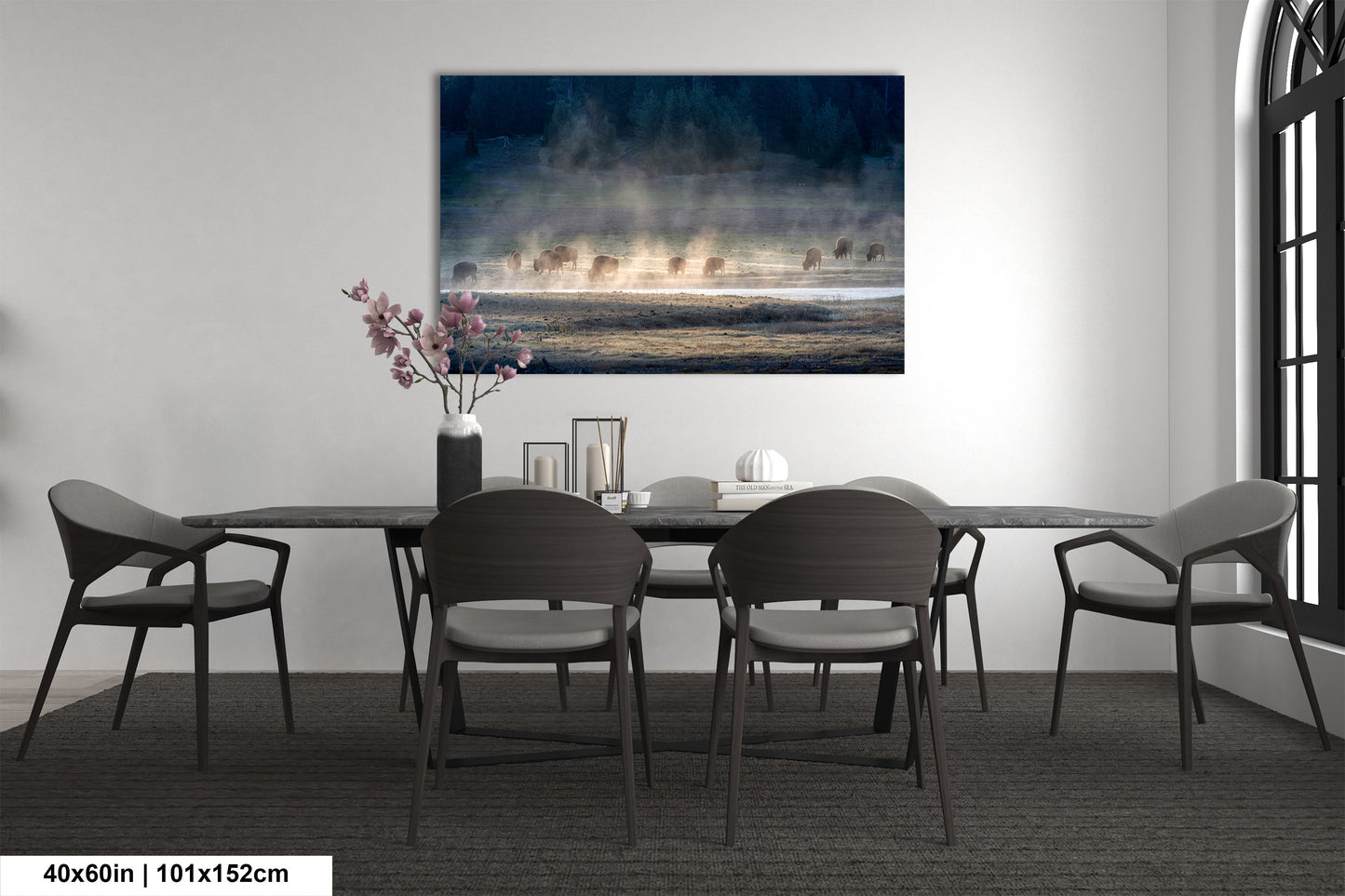 a dining room with a table and chairs