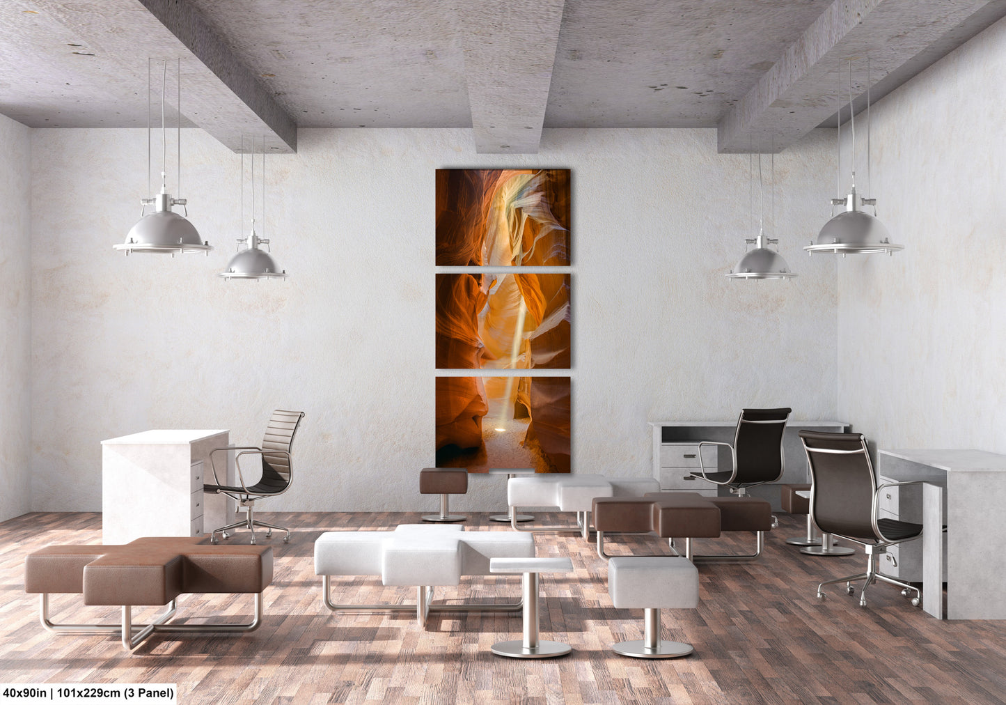 a room with a lot of chairs and a painting on the wall