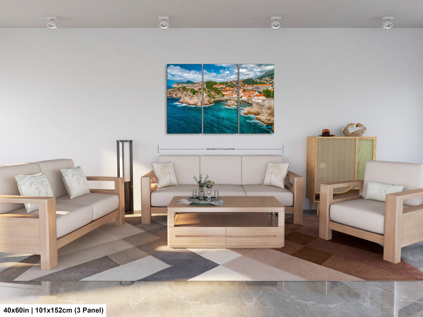 a living room filled with furniture and a painting on the wall