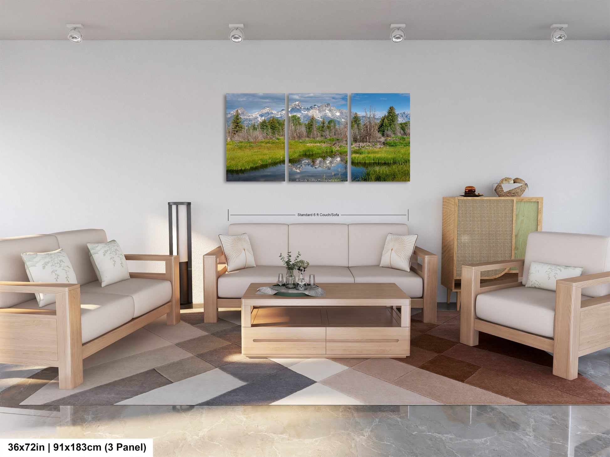 a living room filled with furniture and a painting on the wall