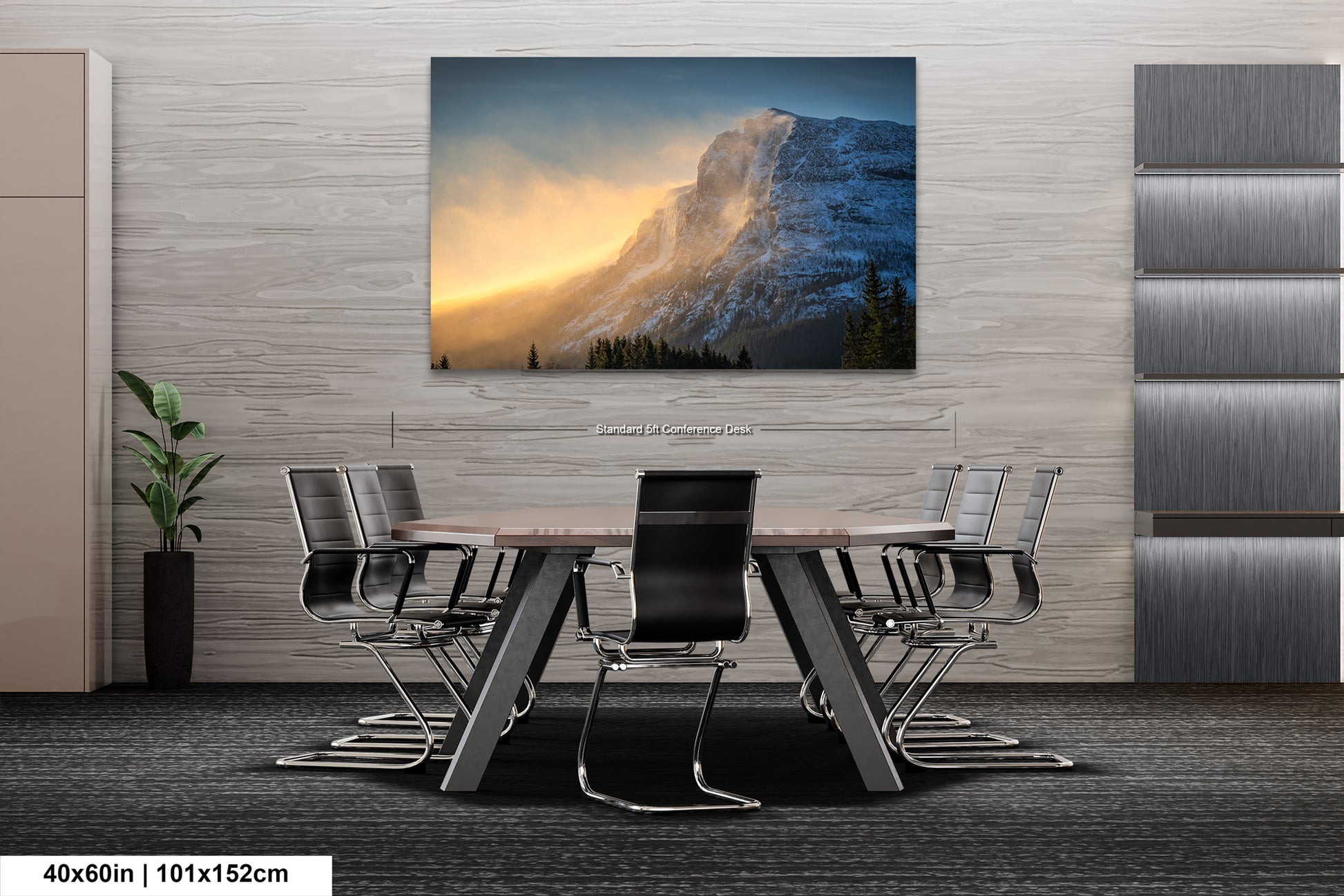 a dining room table with chairs and a painting on the wall
