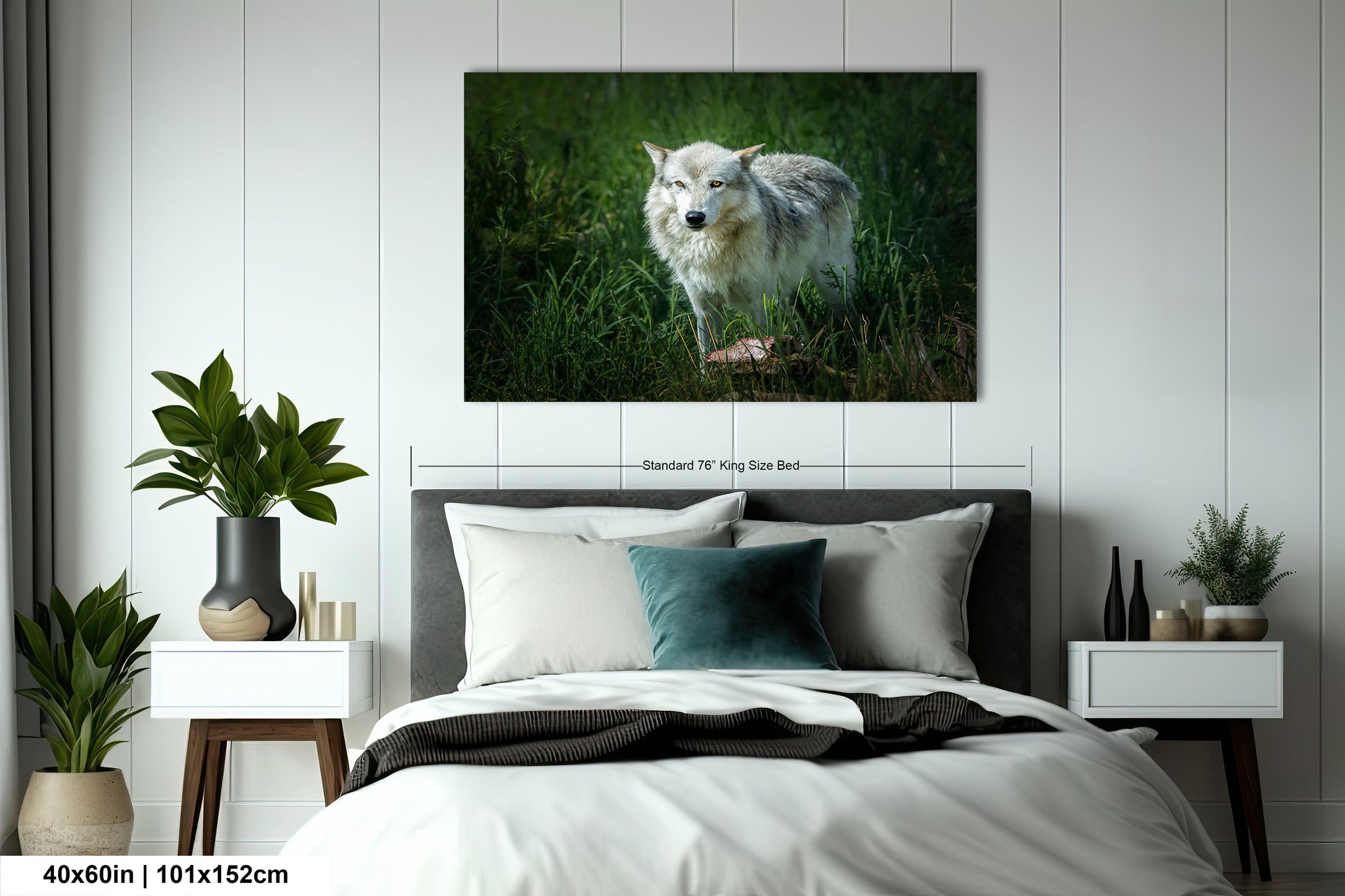 a white dog standing on a bed in a room