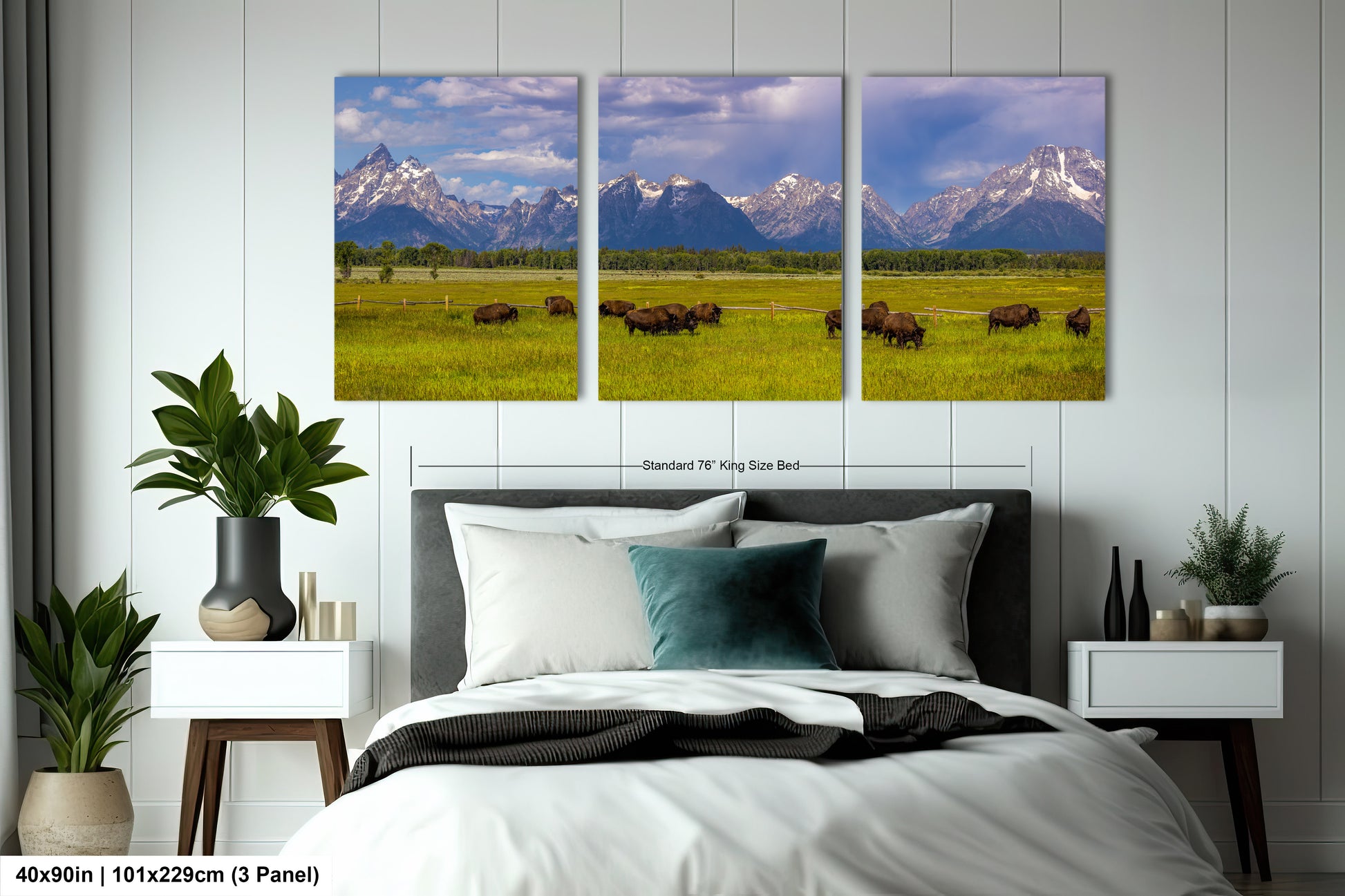 a bed room with a neatly made bed and three pictures on the wall