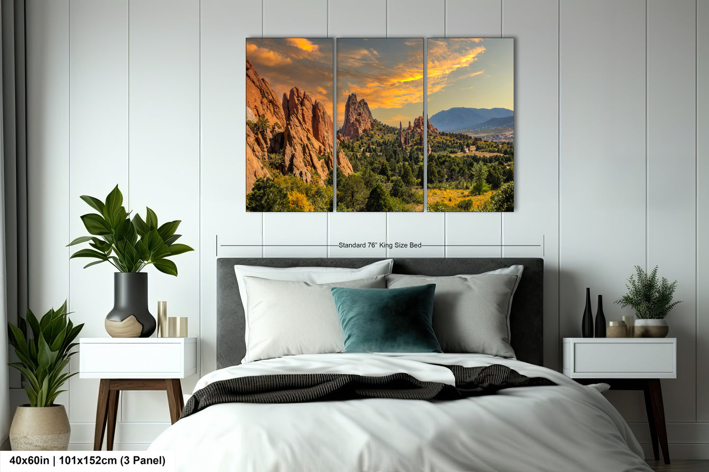 a bedroom with a large bed and a mountain view
