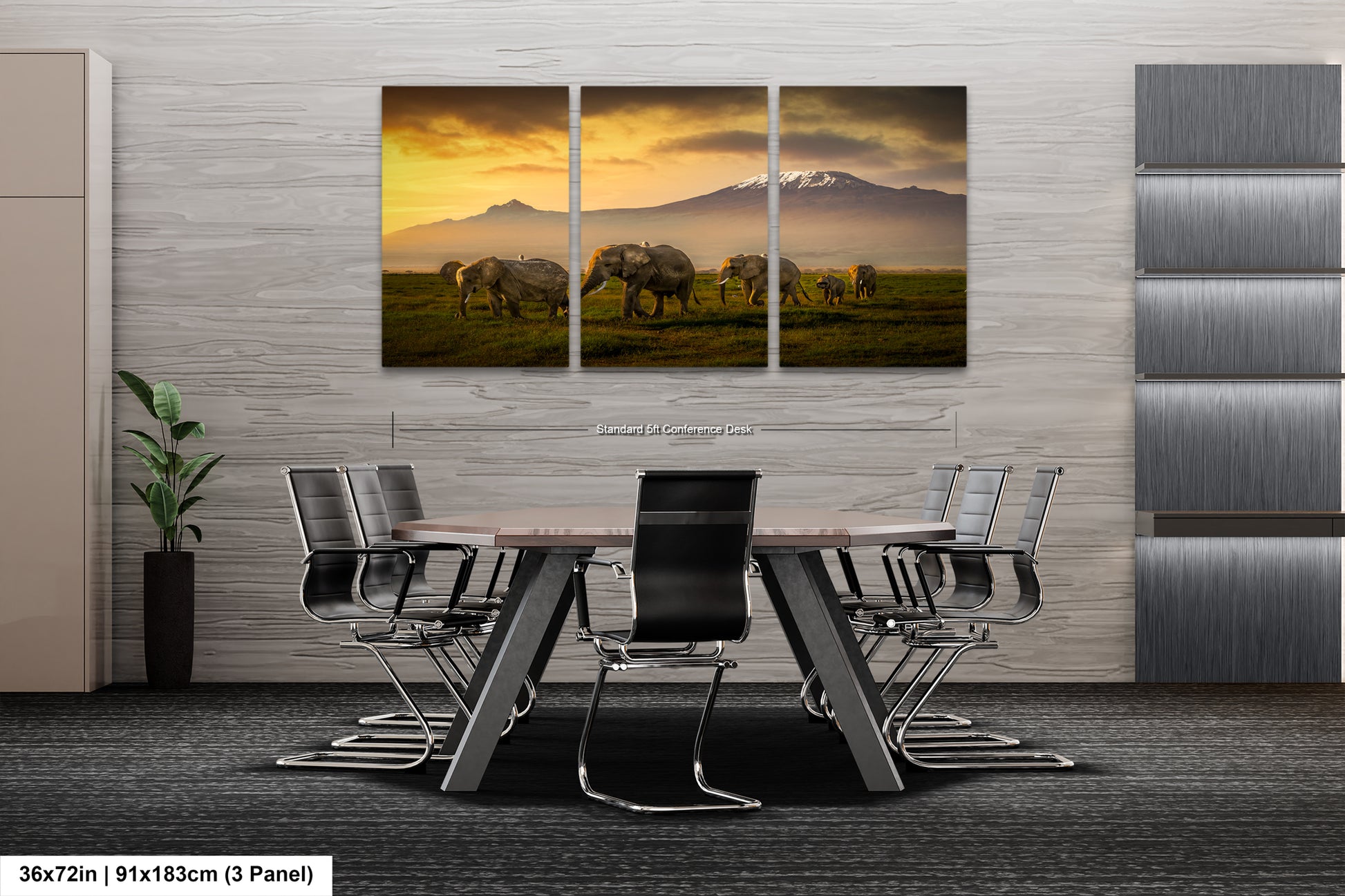 a dining room table with chairs and a painting on the wall