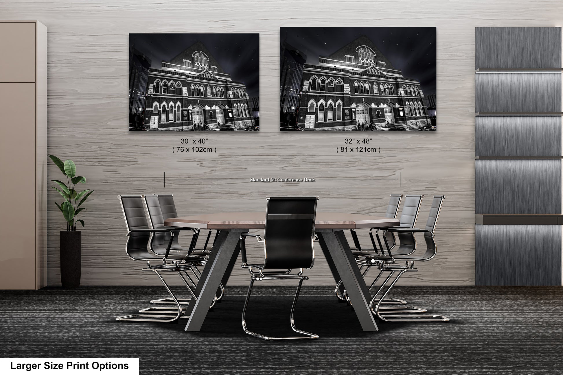 a room with a table and chairs and two pictures on the wall
