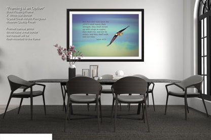 a picture of a bird flying over a table