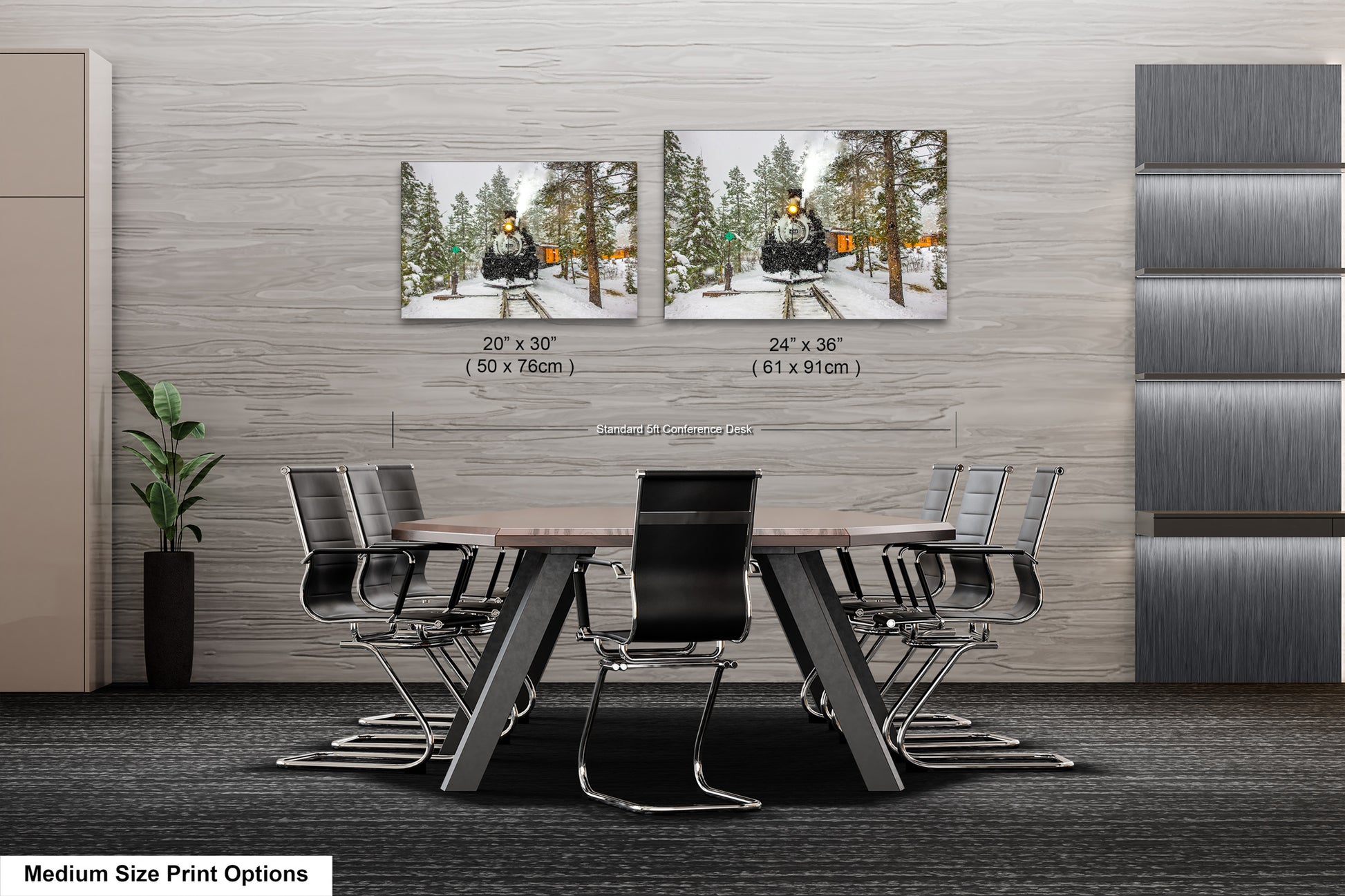 a dining room table with chairs and two pictures on the wall