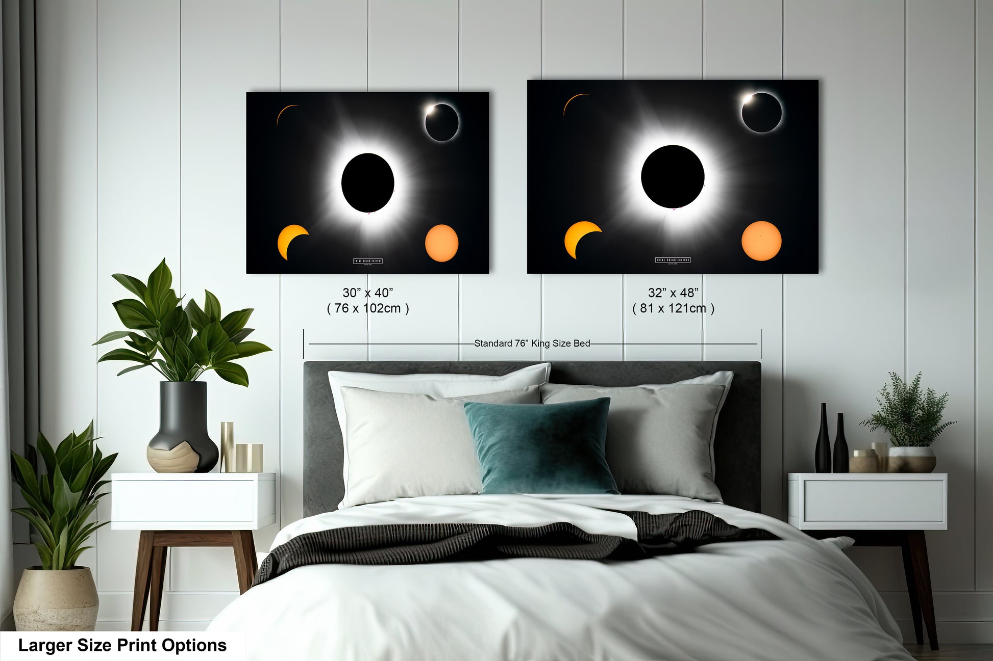 a bed with two pictures of the moon and the phases of the moon