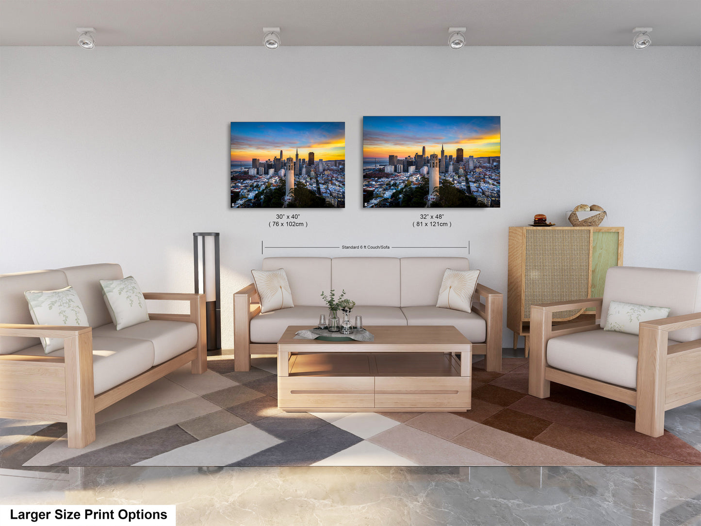 a living room filled with furniture and a painting on the wall