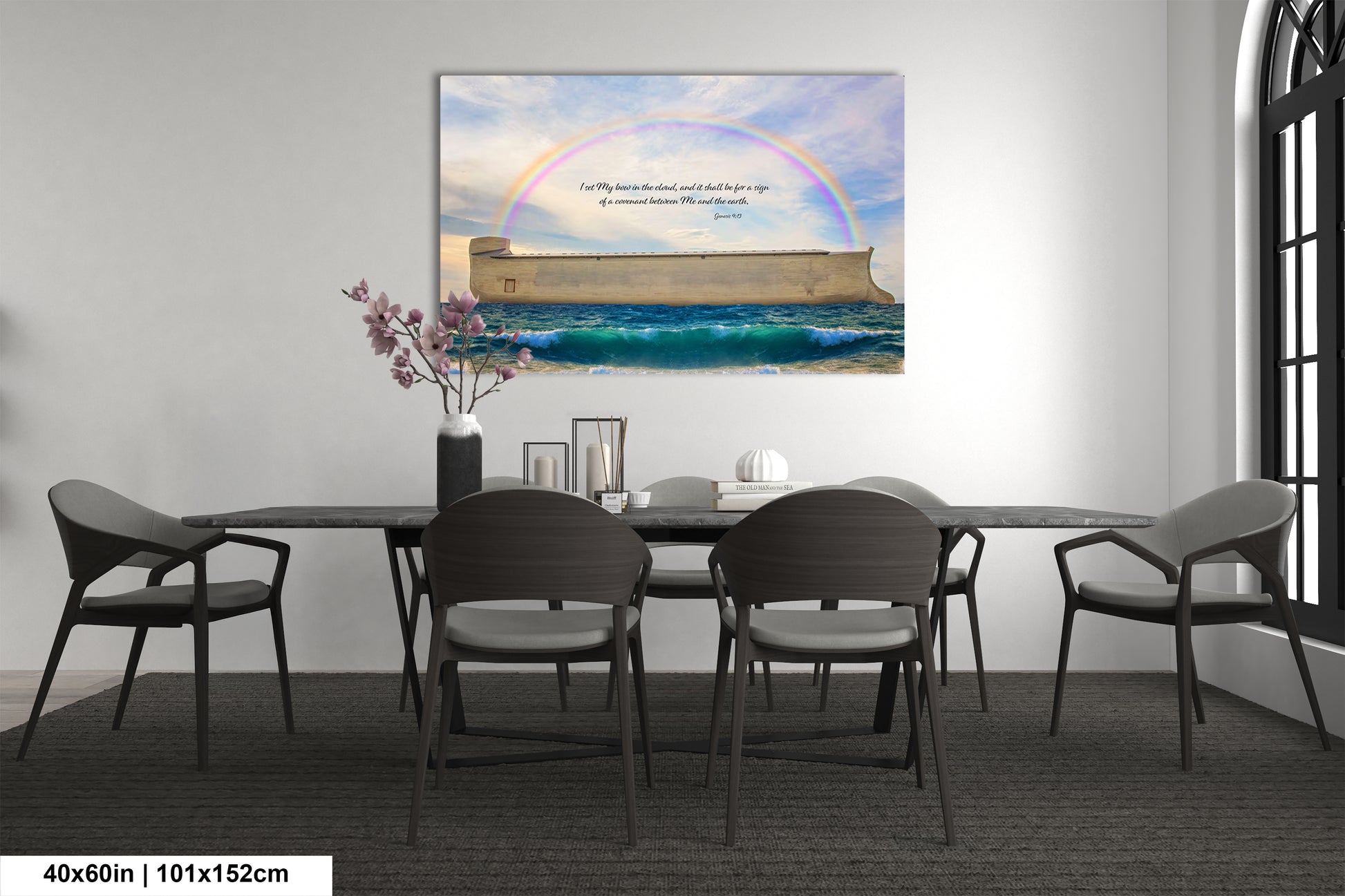a room with a table, chairs and a painting on the wall