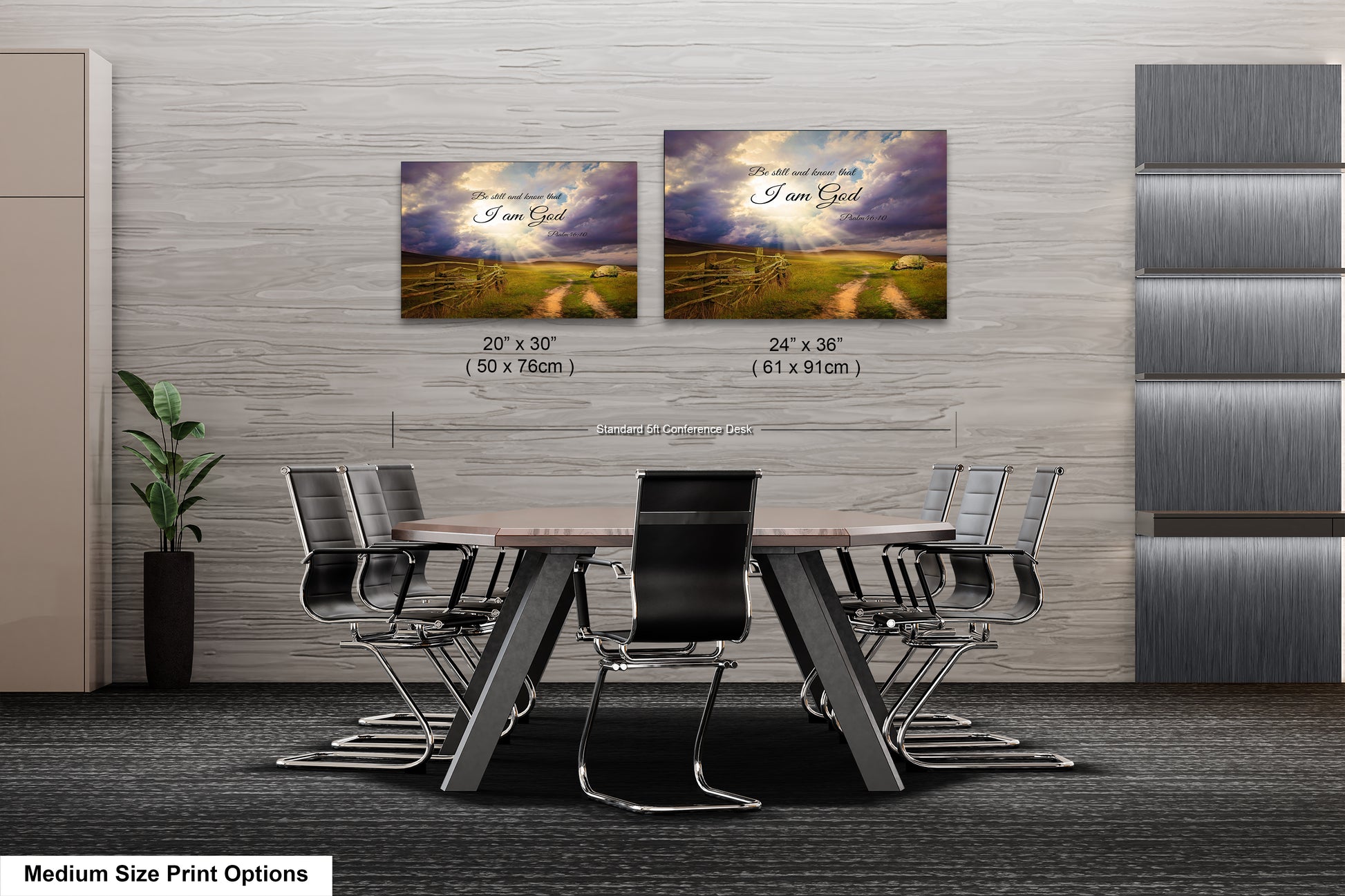a dining room table with chairs and two pictures on the wall