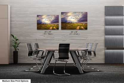 a dining room table with chairs and two pictures on the wall