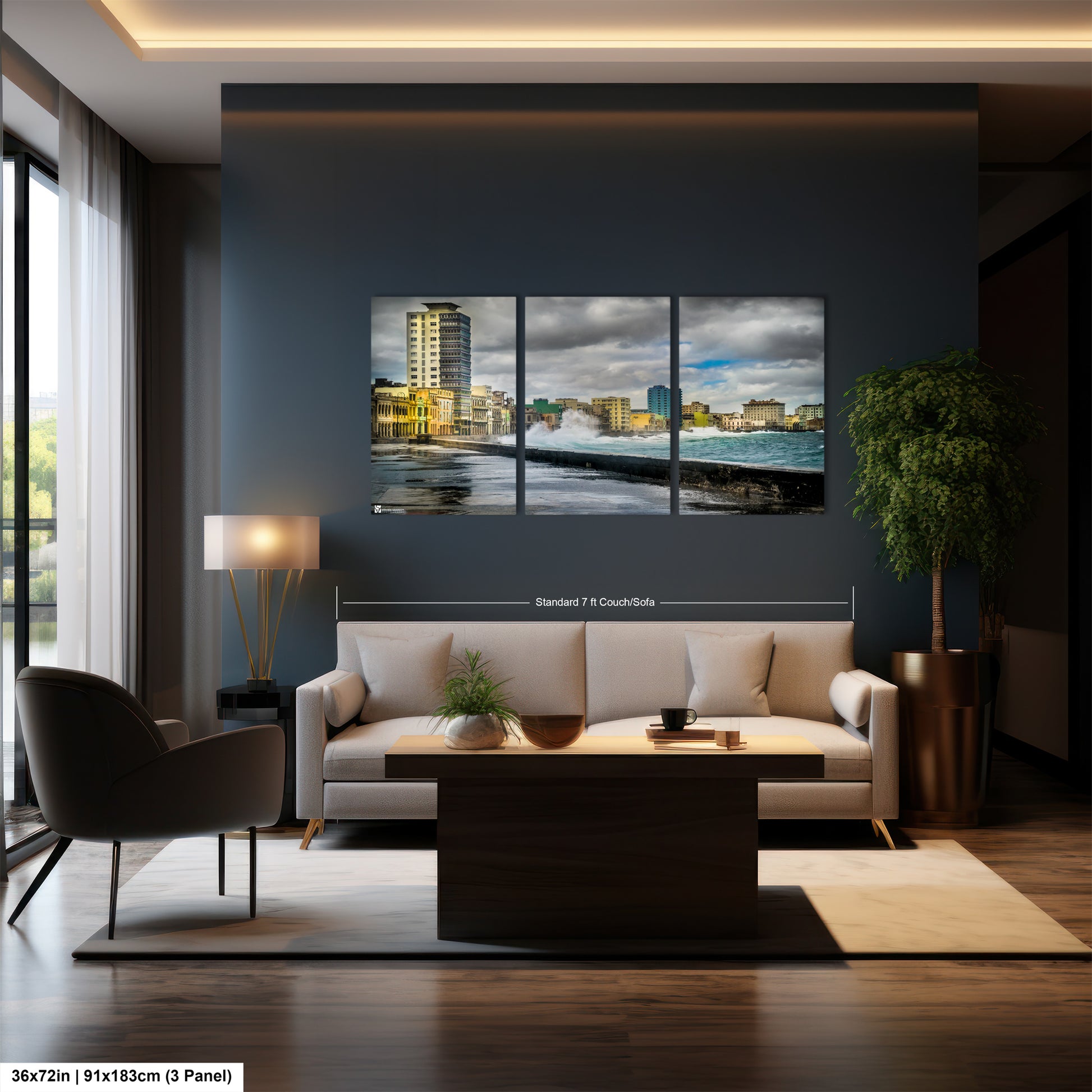 a living room with a couch and a table