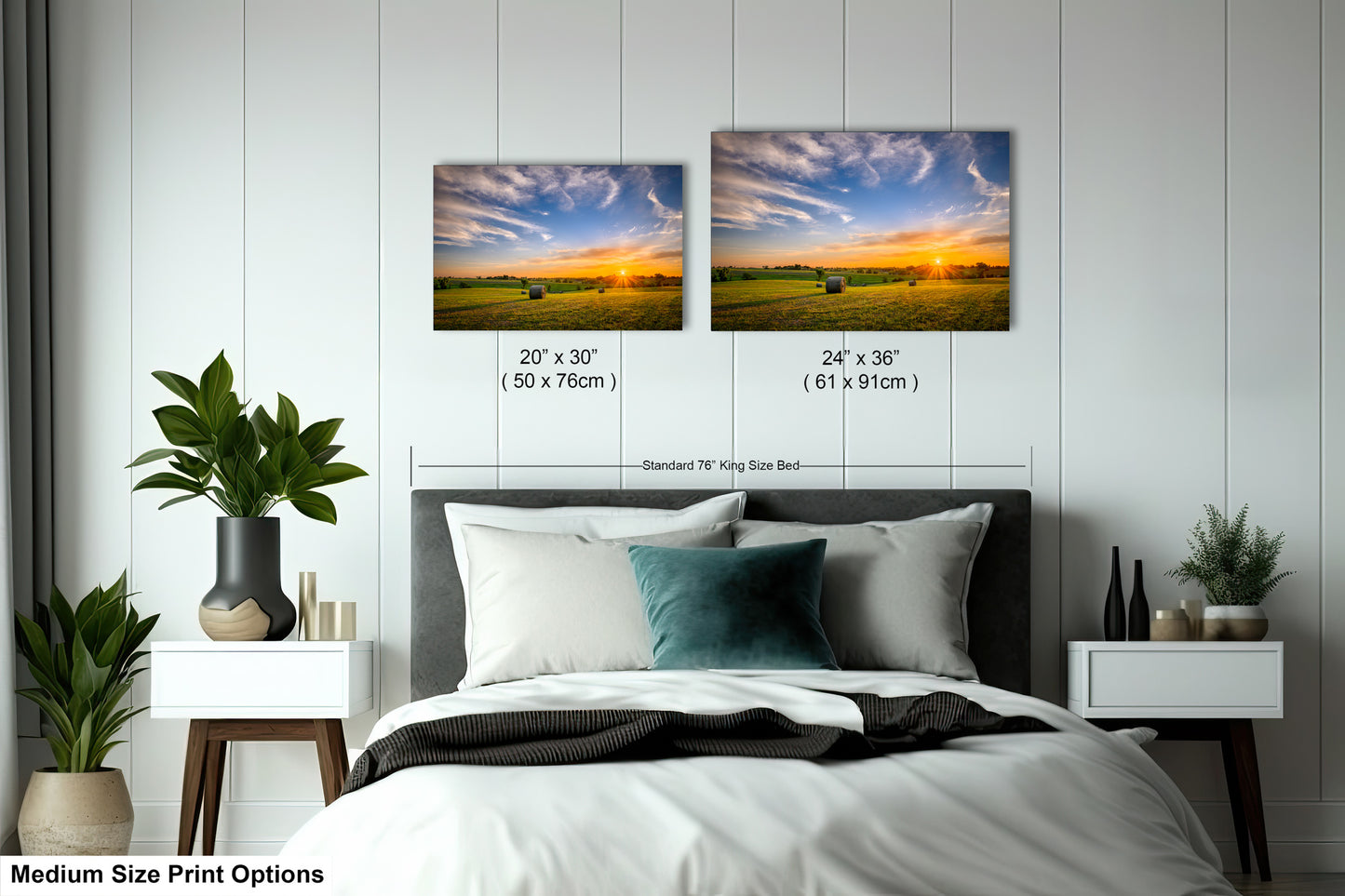 a bed room with a neatly made bed and two pictures on the wall
