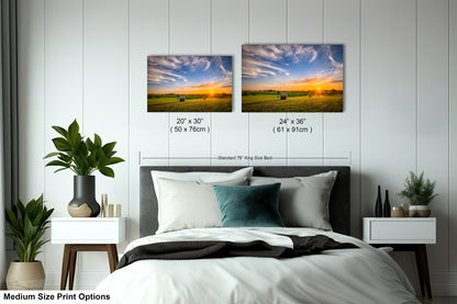 a bed room with a neatly made bed and two pictures on the wall