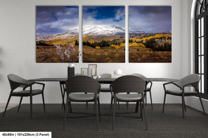 a dining room table with four chairs and three paintings on the wall