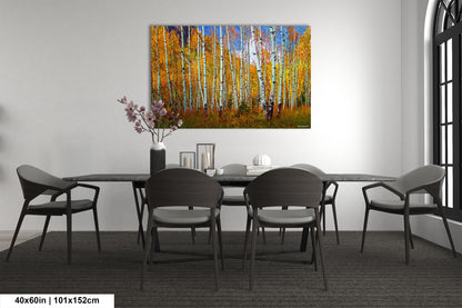 a dining room table with chairs and a painting on the wall