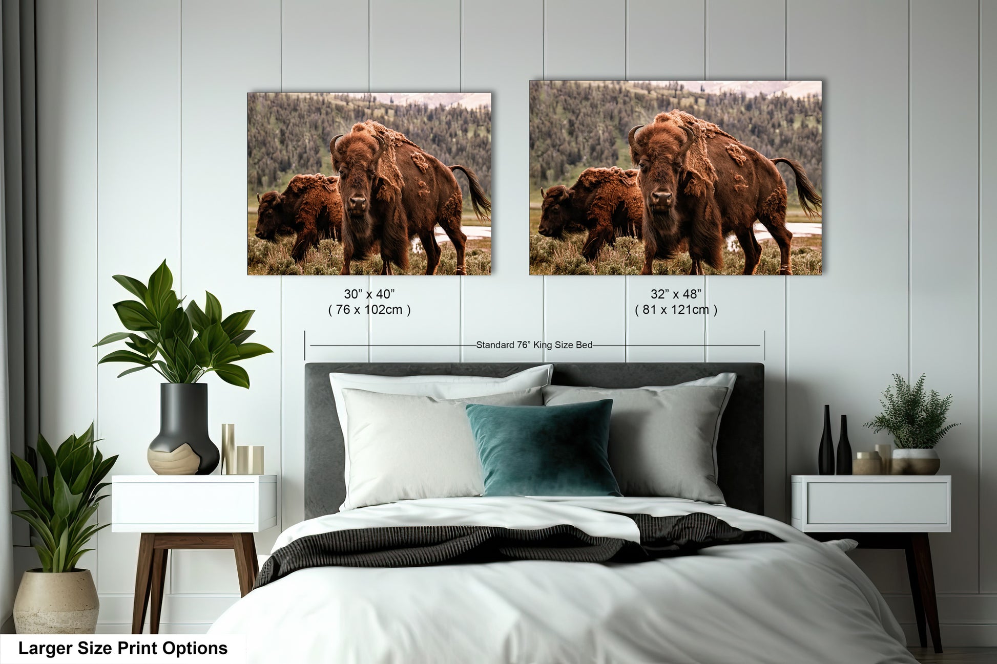 a bed room with a large bed and two pictures on the wall