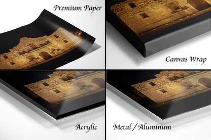 The image is a collage of four different views of a building, including a close-up of the building's facade, a top-down view, a side view, and a bottom-up view. The collage is labeled as "Premium Paper", "Canvas Wrap", "Acrylic", and "Metal/Aluminum".