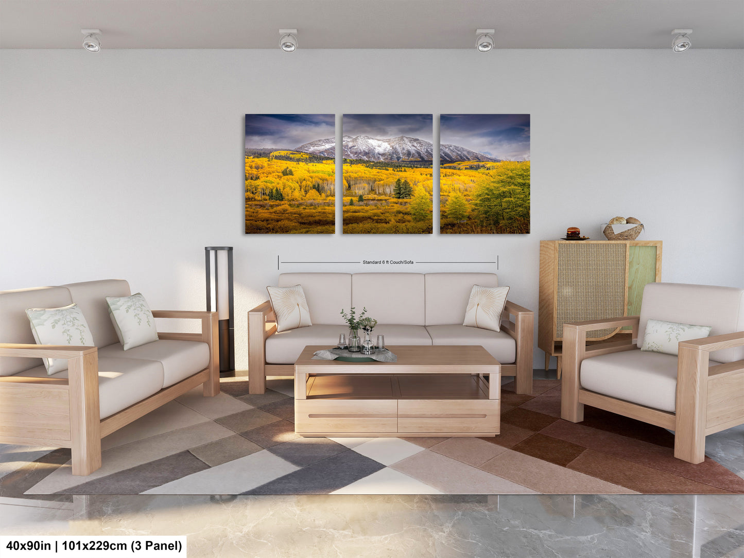 a living room filled with furniture and a painting on the wall