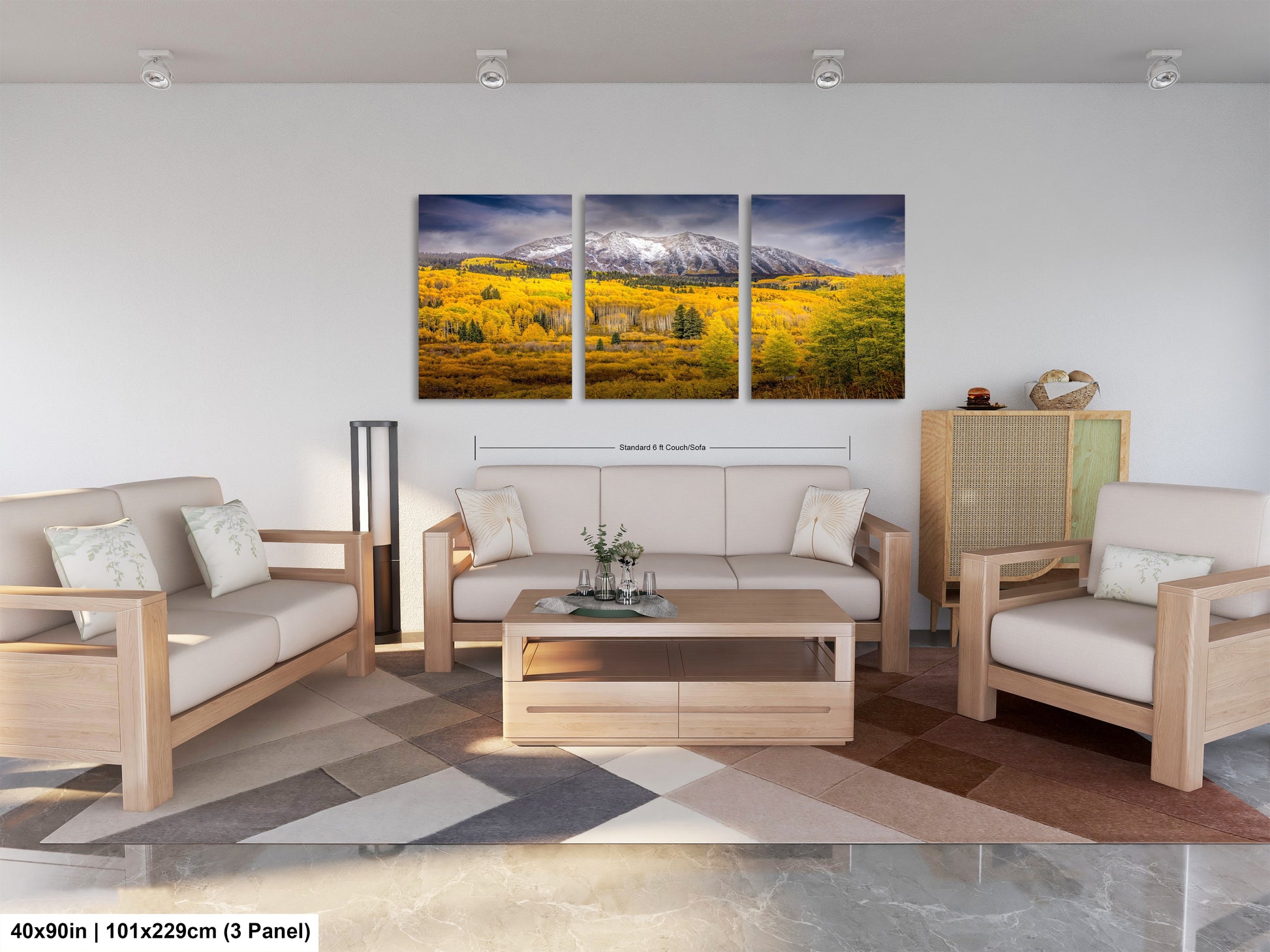 a living room filled with furniture and a painting on the wall