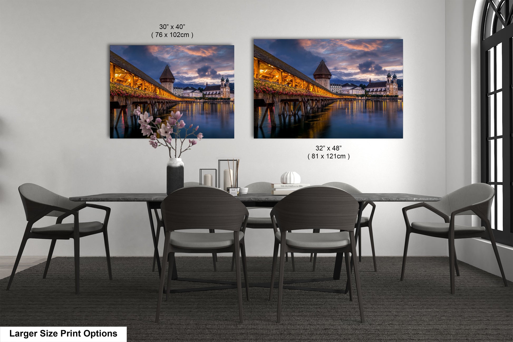 a dining room with a table and chairs