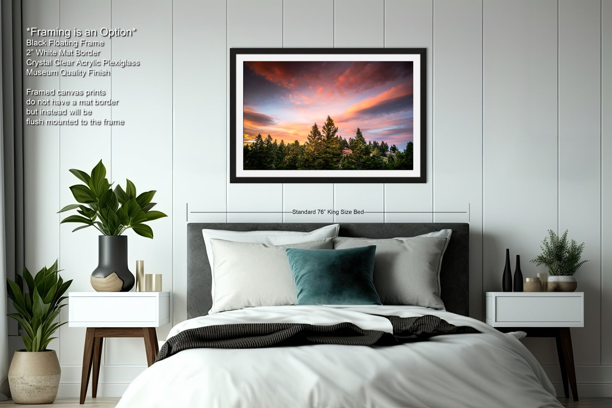 a bedroom with a bed and a picture hanging on the wall