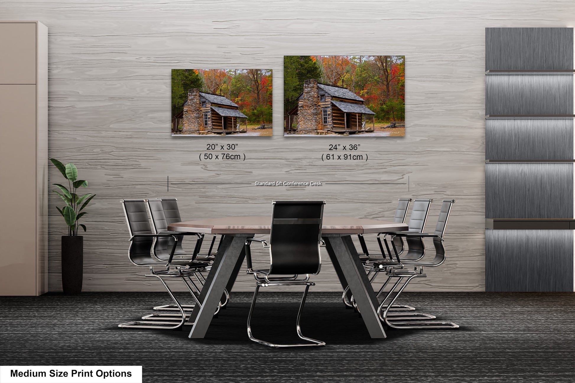 a dining room table with chairs and two pictures on the wall