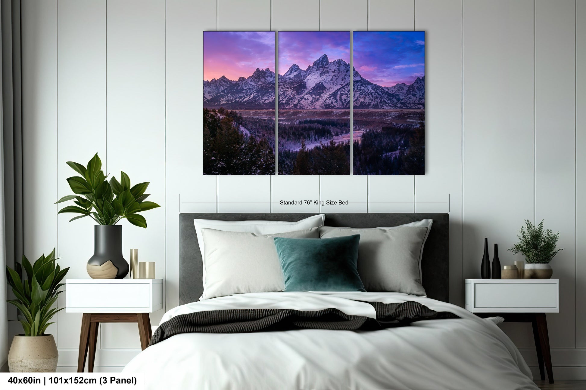 a bedroom scene with a bed and two paintings