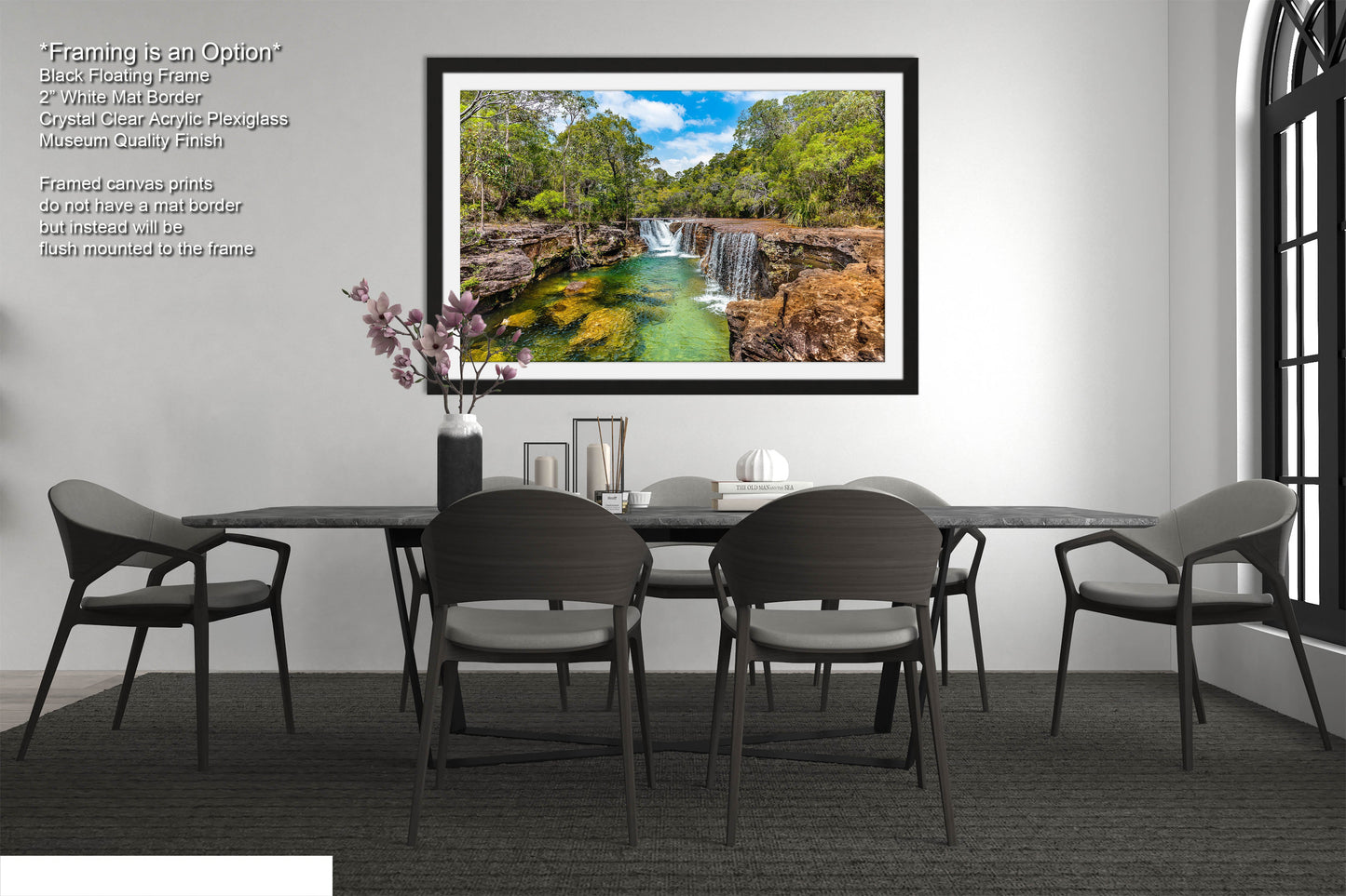 a picture of a dining room with a waterfall in the background