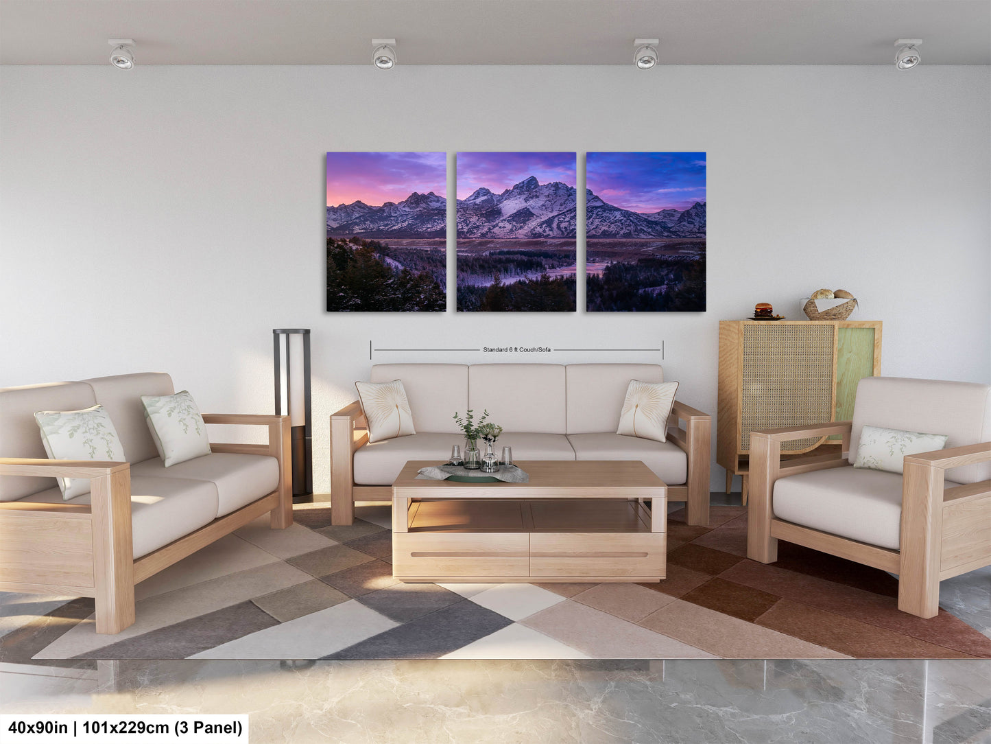 a living room filled with furniture and a painting on the wall