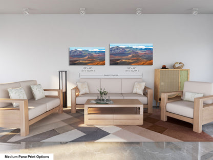 a modern living room with a sofa, two chairs, and a coffee table. There are two framed landscape paintings on the wall above the seating area, depicting mountains and a desert scene. The room has a neutral color scheme with white walls and a wooden floor.