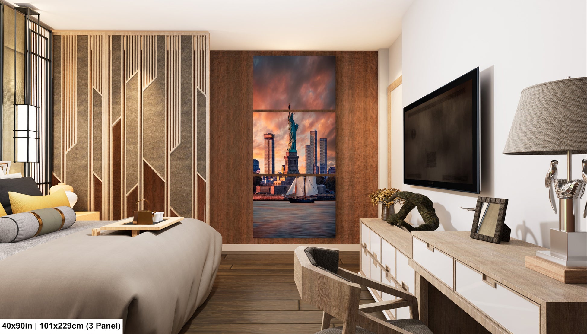 a bedroom with a bed, desk and television