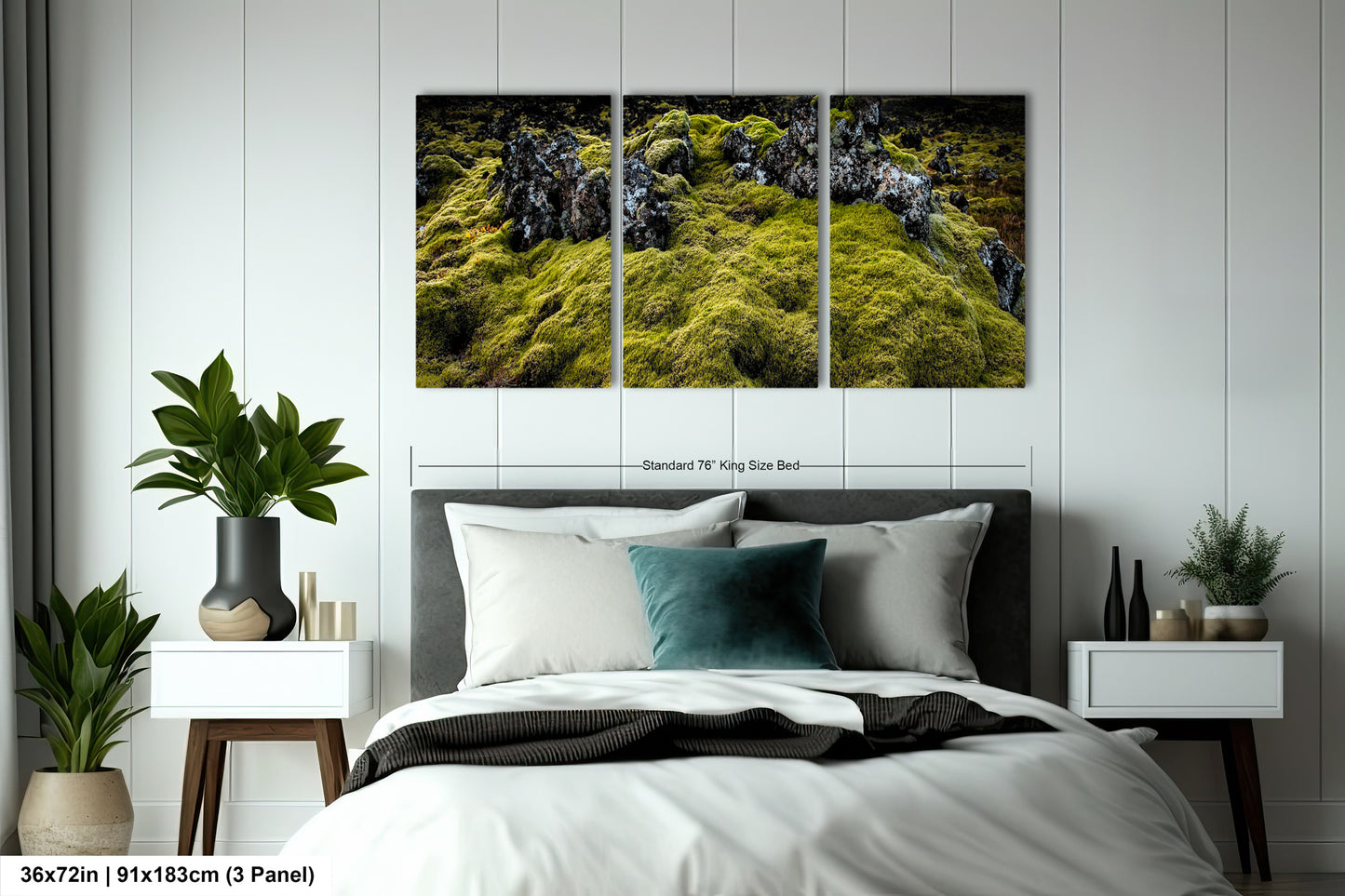 a bed room with a neatly made bed and two paintings on the wall