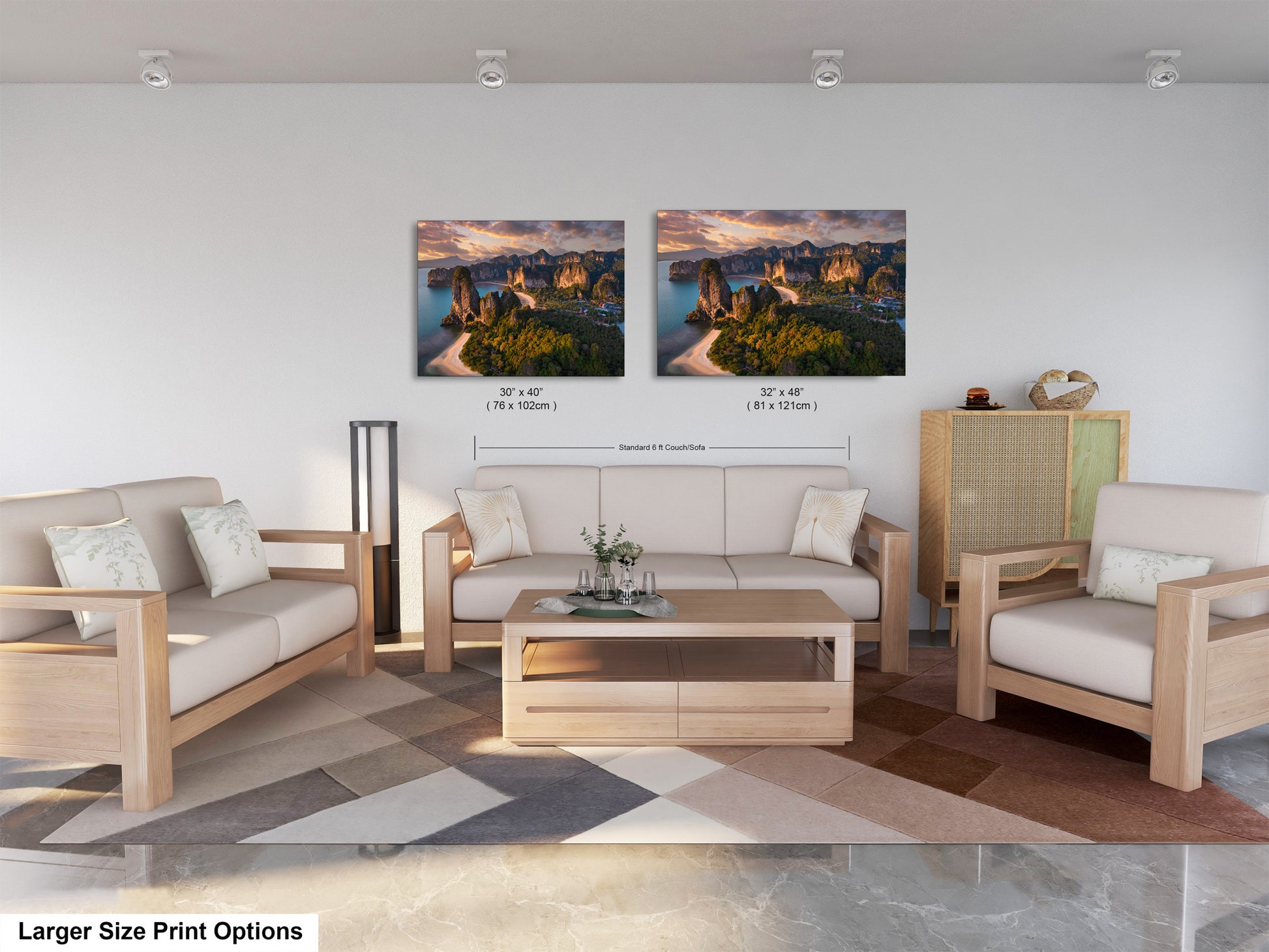 a living room filled with furniture and a painting on the wall