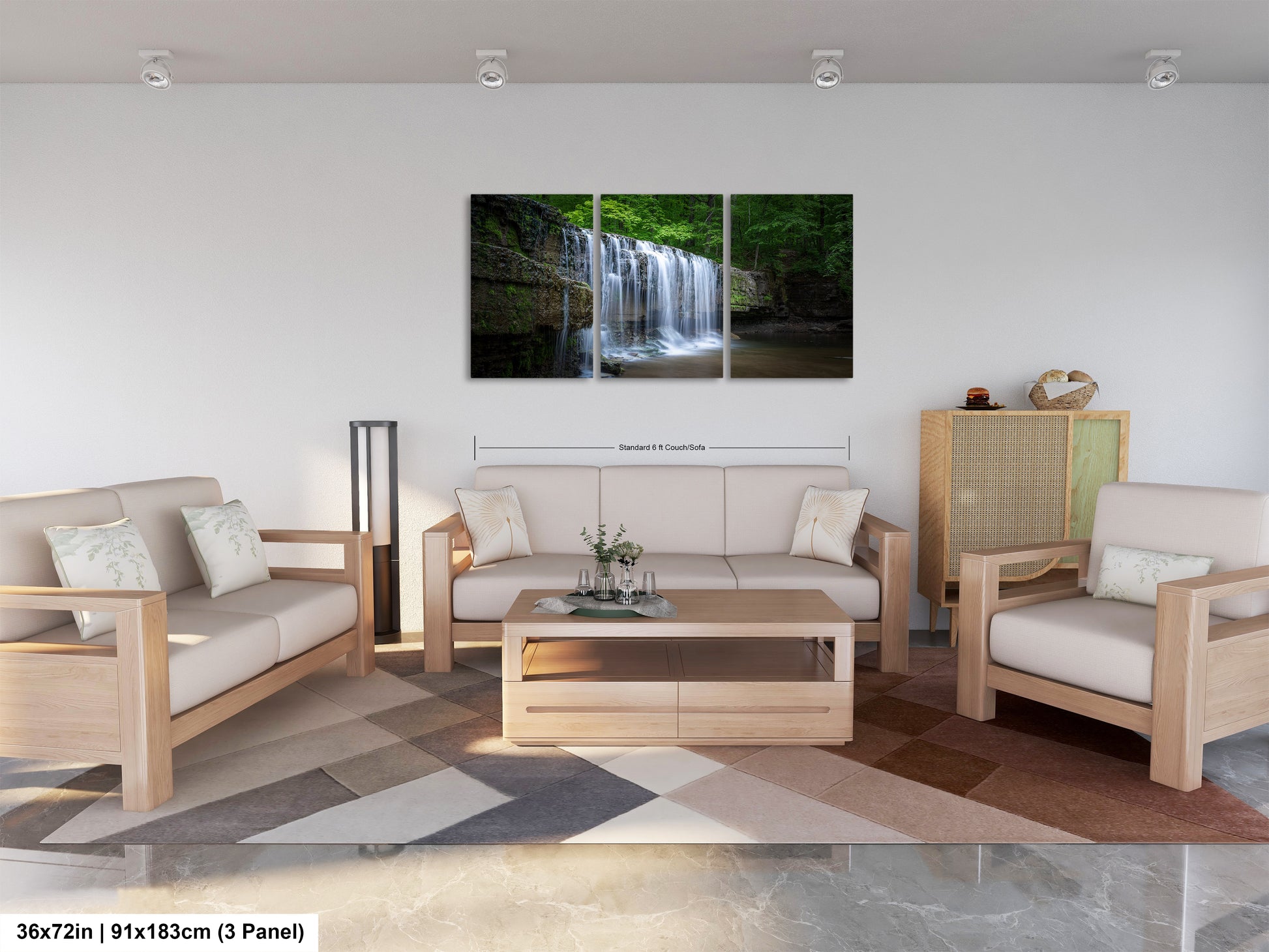 a living room filled with furniture and a waterfall