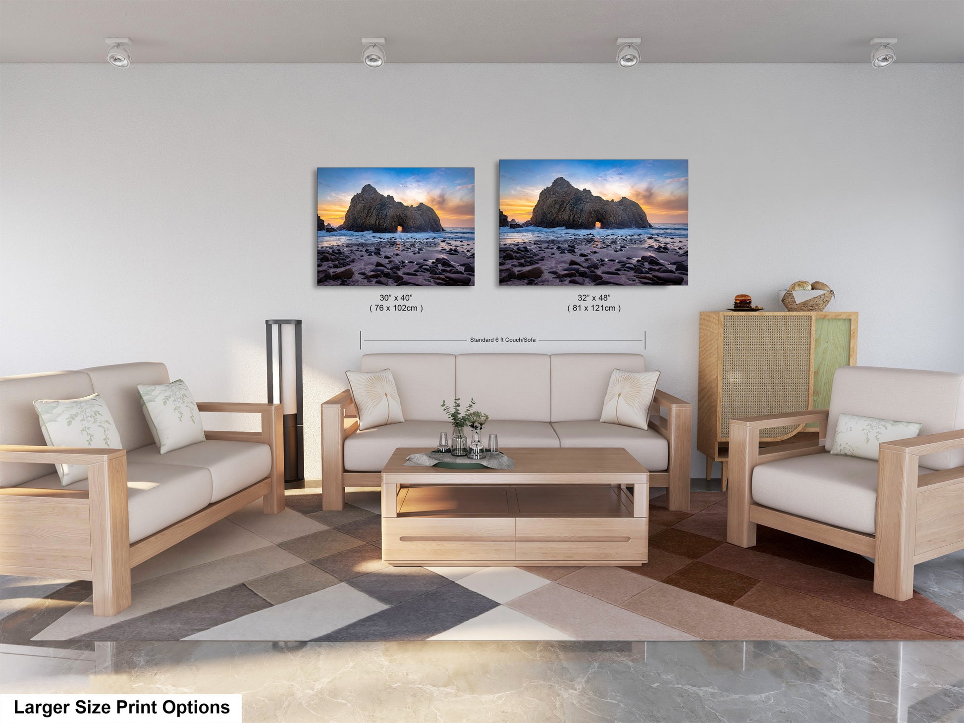 a living room with two pictures on the wall