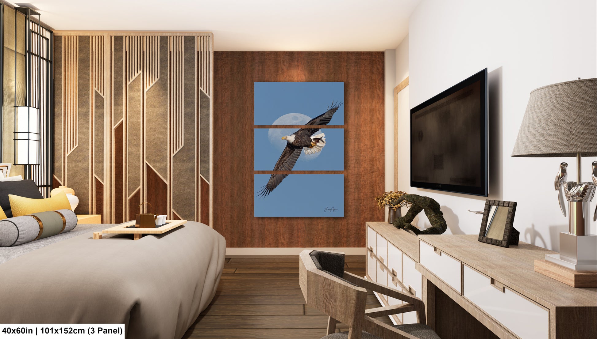 a modern bedroom with a large bed, a television, and a wooden dresser. The room has a minimalist and contemporary design, with a large painting of a bird in flight on the wall.